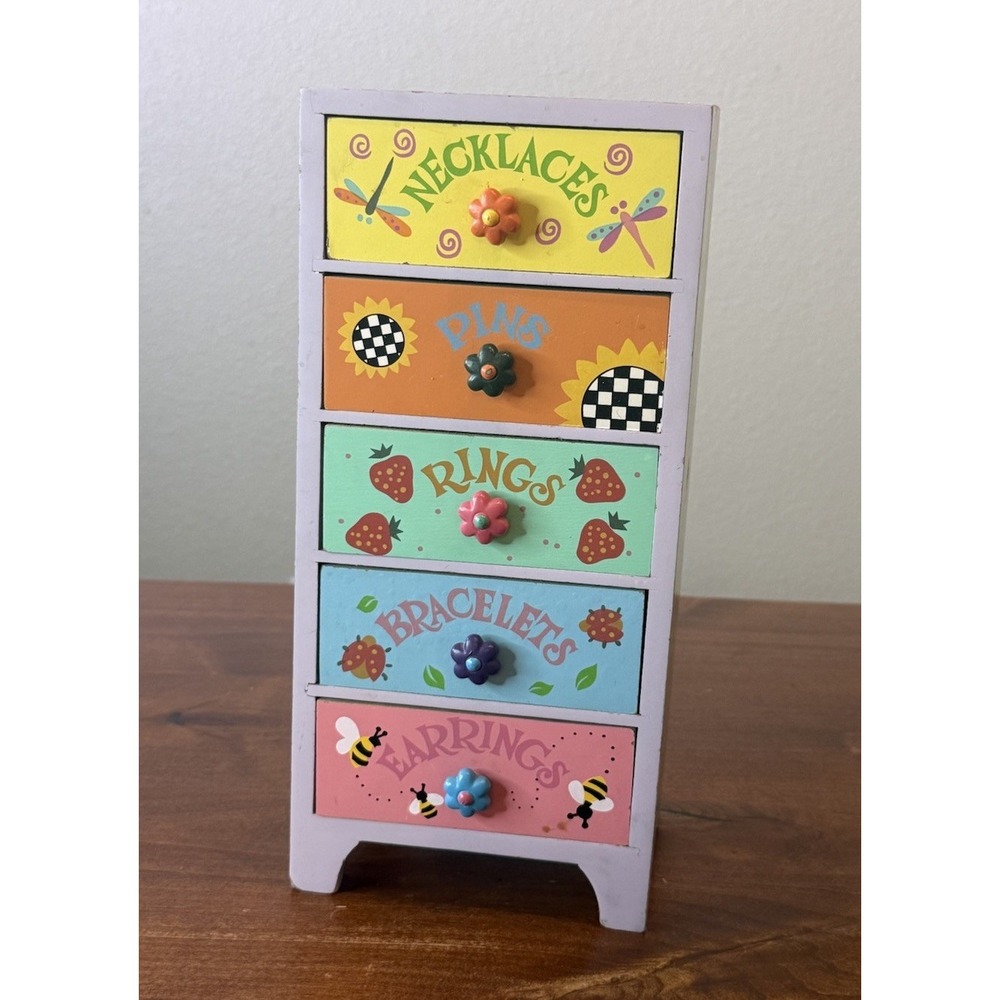 VTG Y2K Colorful Wooden Kids Jewelry storage with 5 Drawers. 5.5" x 4" x 12"